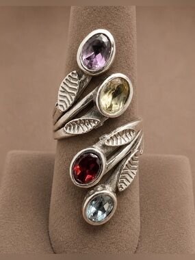 Artisan Natural Multi-Gem Leaf Bypass Ring | Adjustable Size 7 NWOT #433